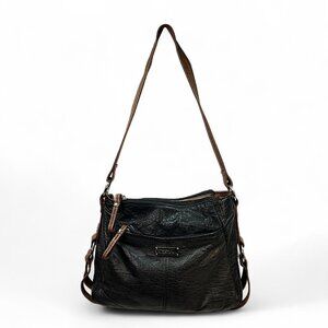 Vintage Stone Mountain Washed Leather Long Beach Purse Black/Brown Shoulder Bag